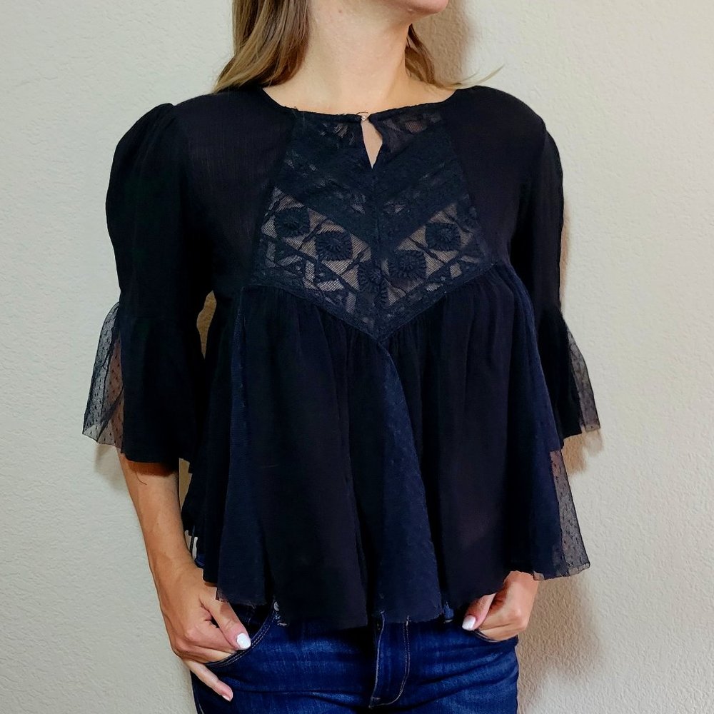 Juniors Black Boho Top Small Peasant 3/4 Raglan Sleeve Womens Flowy Tulle Lace - Picture 1 of 7